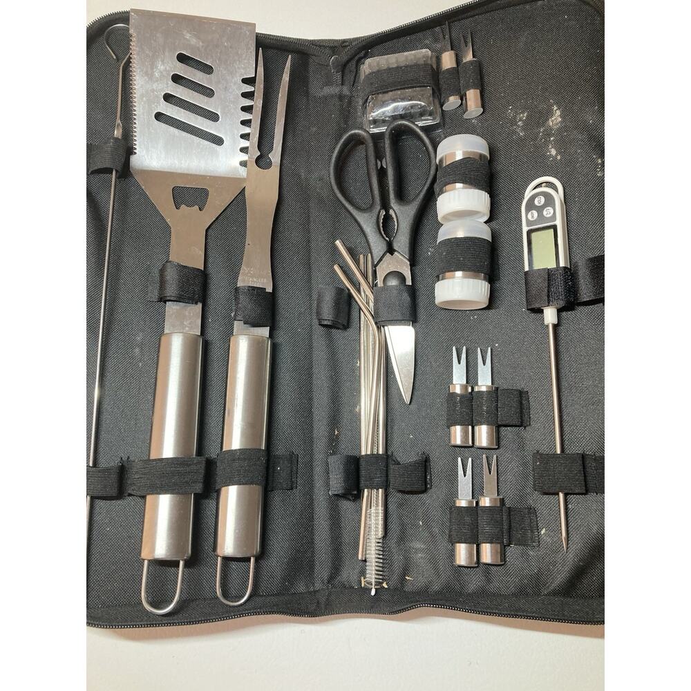 POLIGO 22pc BBQ Stainless Steel Tool Set w/Black Handle With Thermometer.